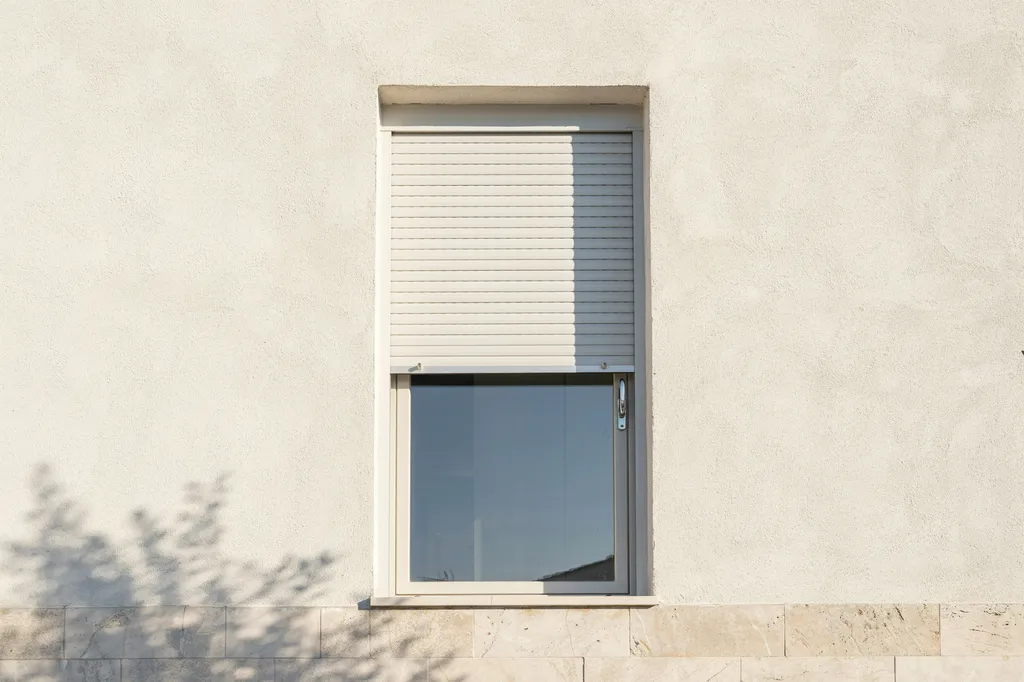 Villa window in Kuwait with white aluminum rolling shutter half-open showing slats