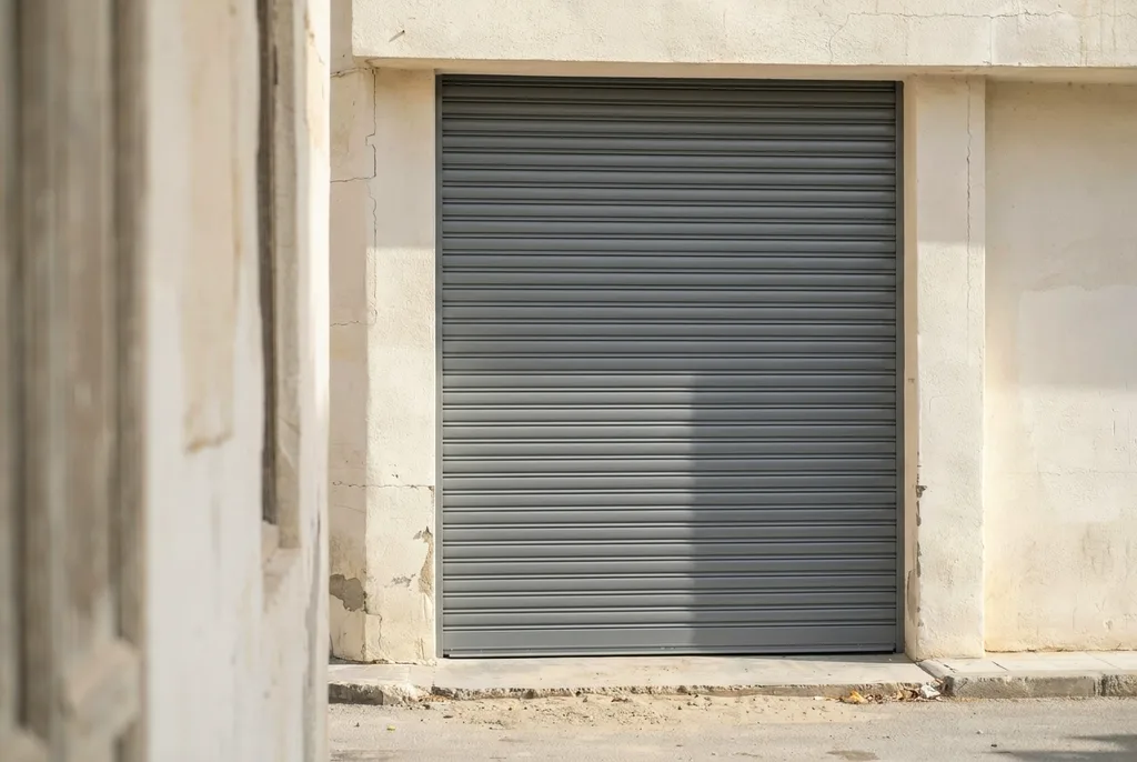New sleek grey aluminum rolling shutter installed on a Kuwait shopfront after replacement
