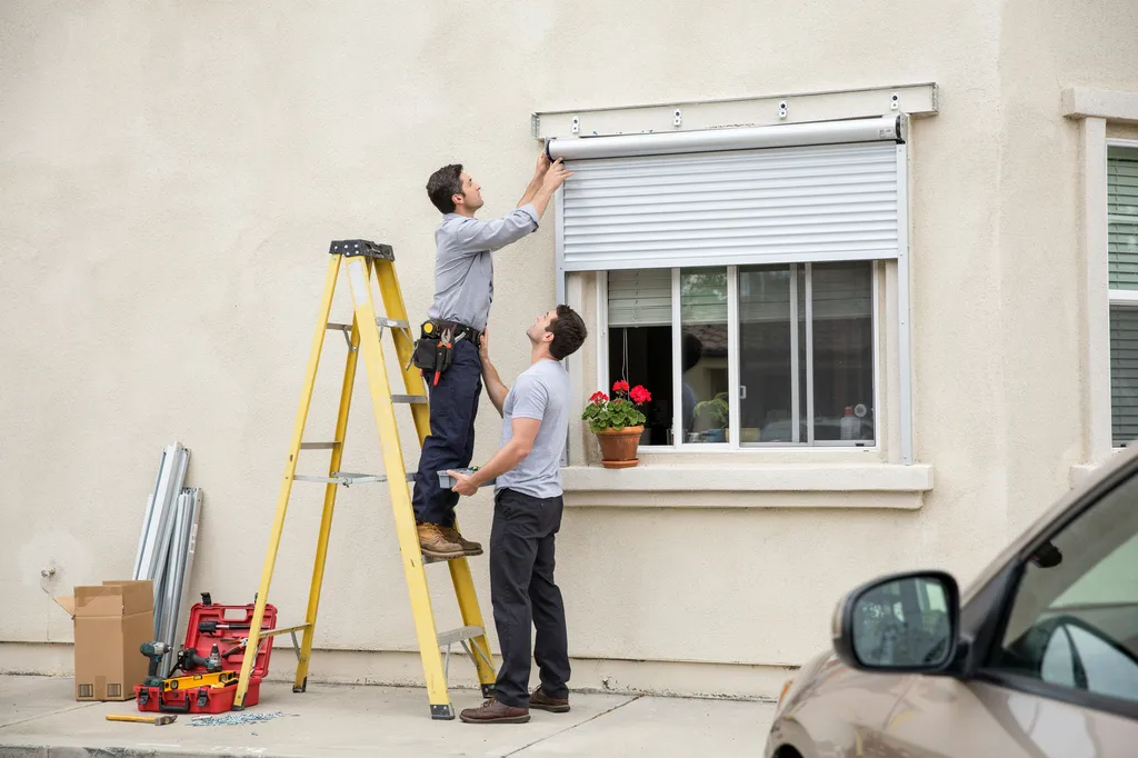 Technician installing an aluminum rolling shutter on a home window in Kuwait